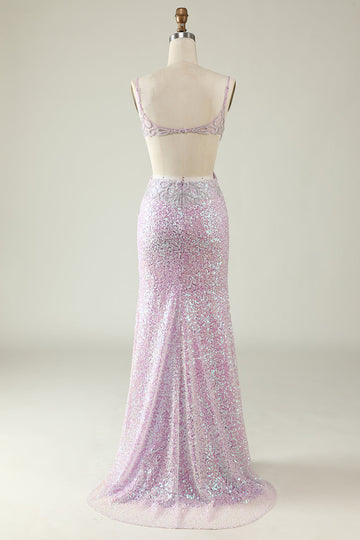 Sheath V Neck Lilac Sequins Long Prom Dress with Split Front